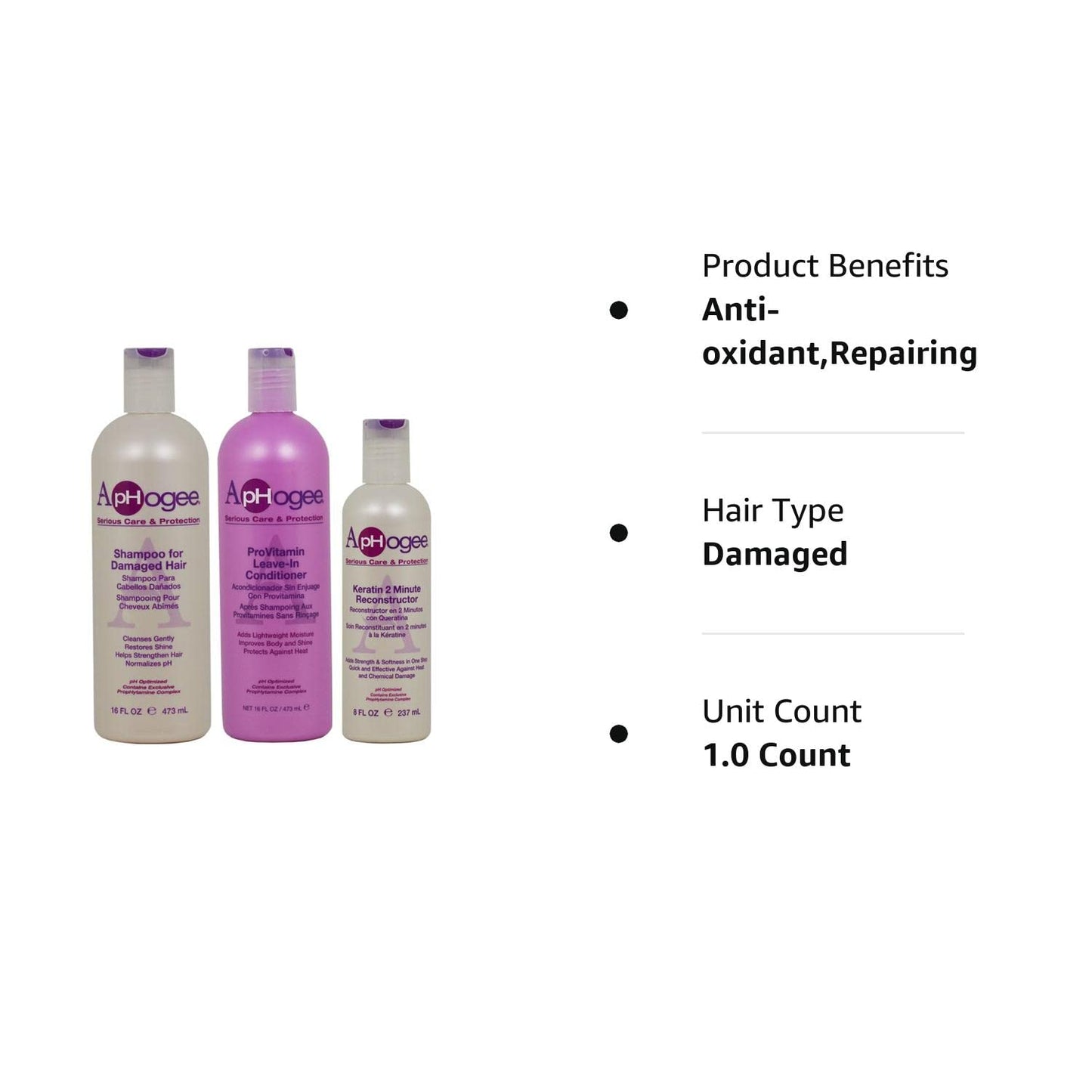 ApHogee Shampoo for Damaged Hair 16oz + ProVitamin Leave-In Conditioner 16oz + Keratin 2 Minute Reconstructor 8oz Set