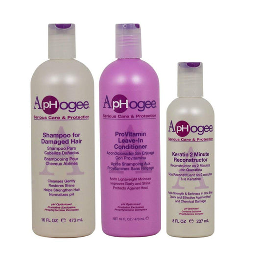 ApHogee Shampoo for Damaged Hair 16oz + ProVitamin Leave-In Conditioner 16oz + Keratin 2 Minute Reconstructor 8oz Set